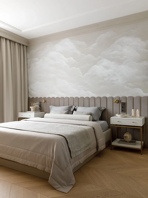 Дизайн спальні 2025 в стилі мінімалізм: ліжко без узголів'я та прості форми.