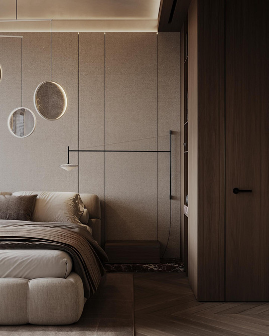 Сучасний дизайн спальні 2026: ліжко бабл з акцентною стіною та асиметричним декором.