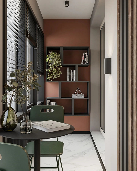 Круглий стіл у вітальні біля балкону, перетвореного на обідню зону, світлий інтер'єр