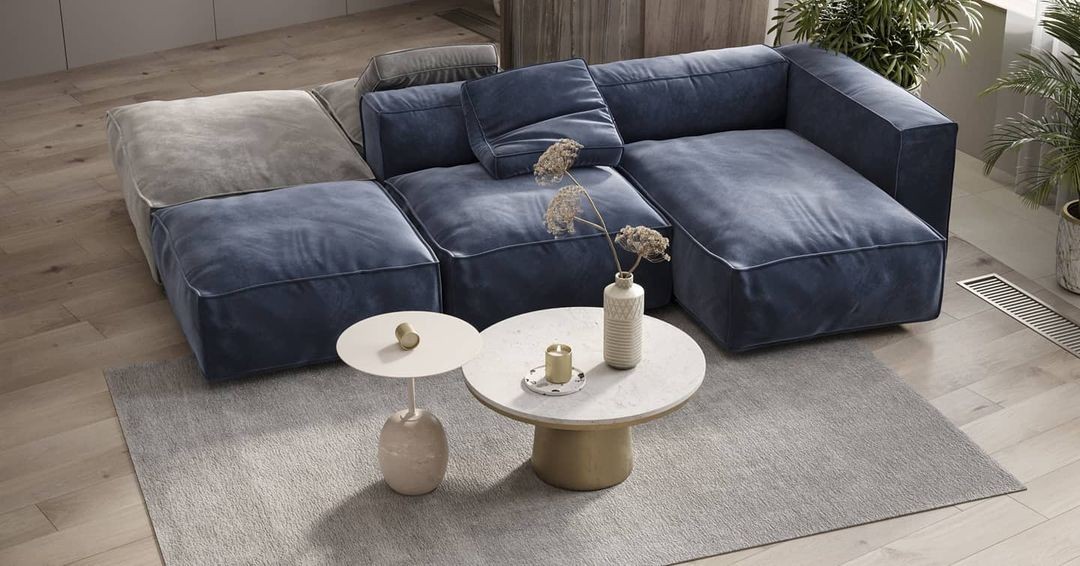 Комфортний модульний диван з подушками: рішення для затишної вітальні в світлих тонах.