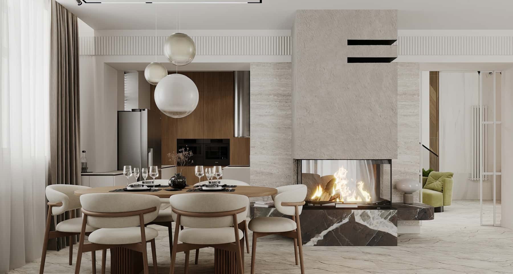 Простора вітальня в заміському будинку з великим диваном та каміном.