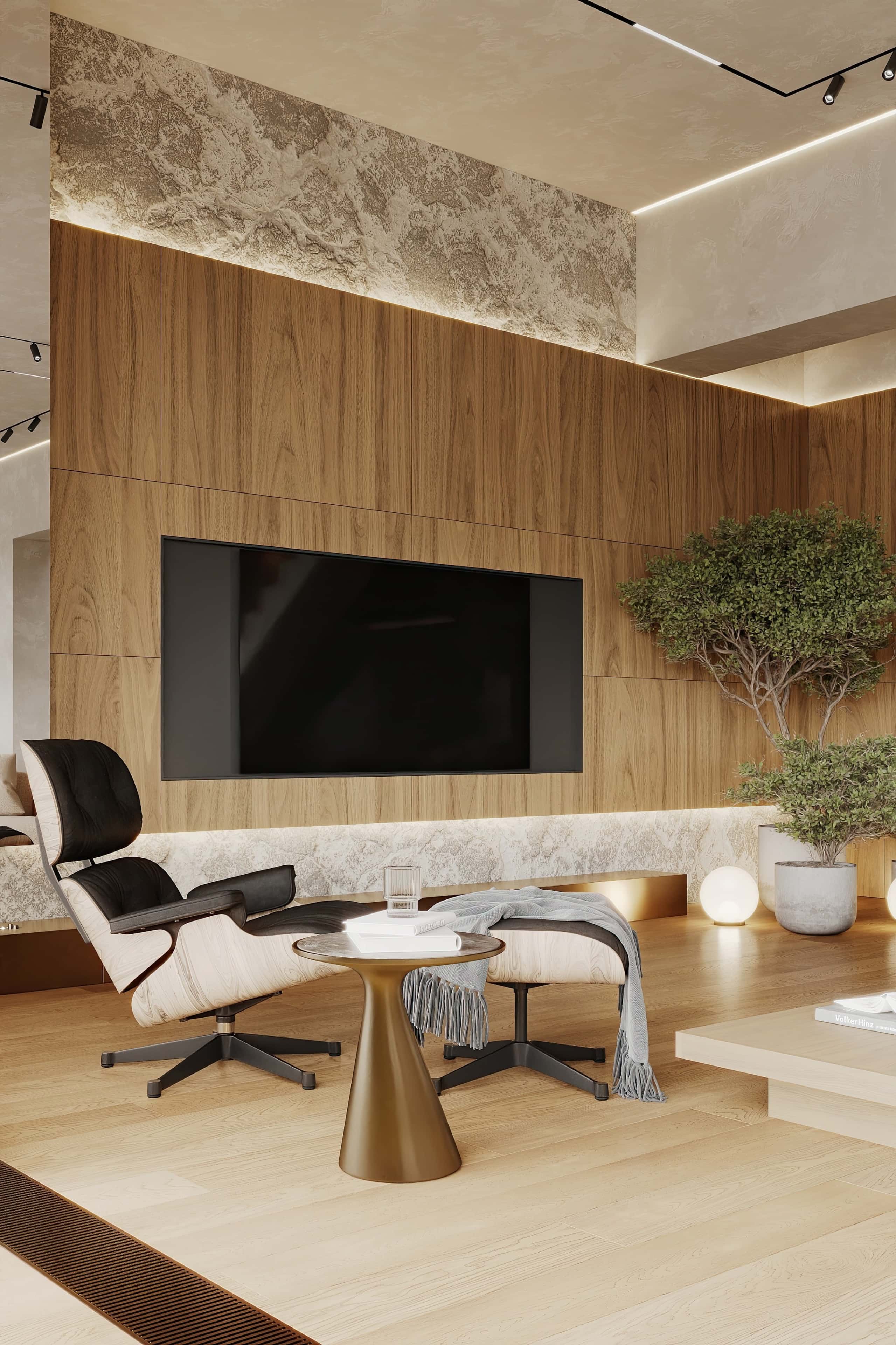 Сучасний дизайн інтер'єру заміського будинку для сім'ї з великими вікнами та каміном.