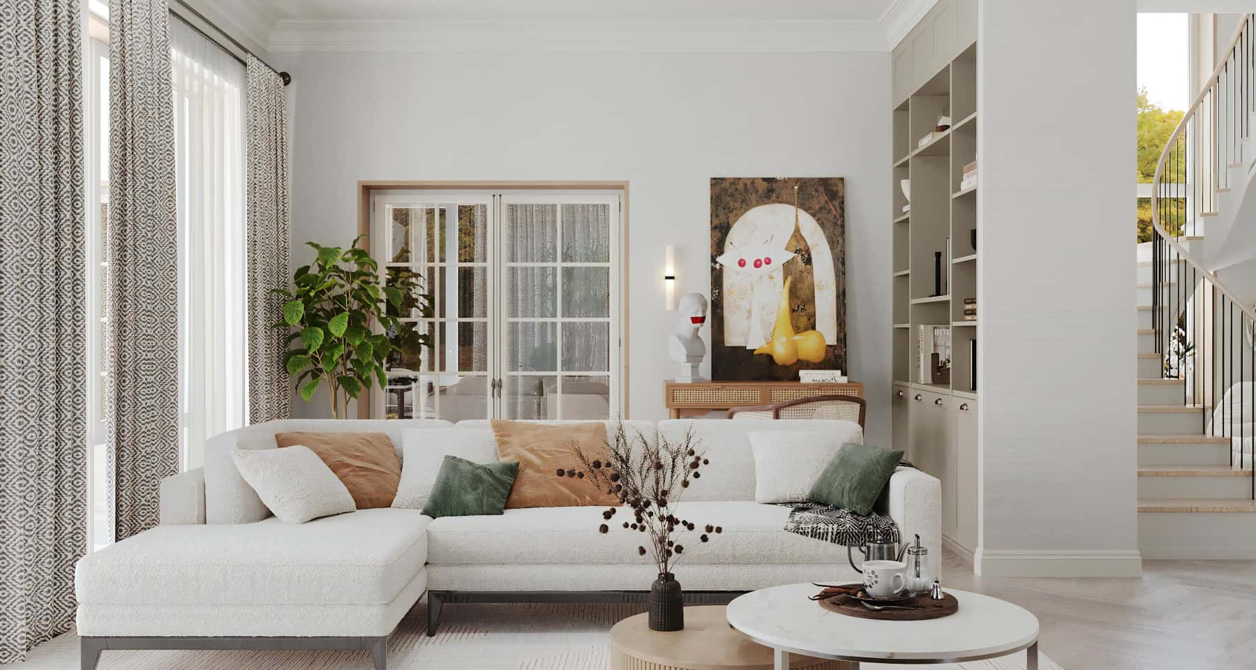 Мінімалістичний дизайн спальні в заміському будинку з панорамними вікнами