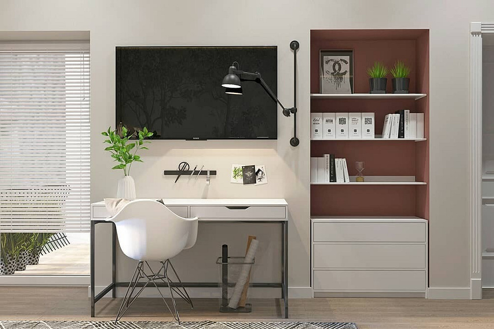 Мінімалістична ніша під телевізор в світлих тонах з дерев'яними акцентами