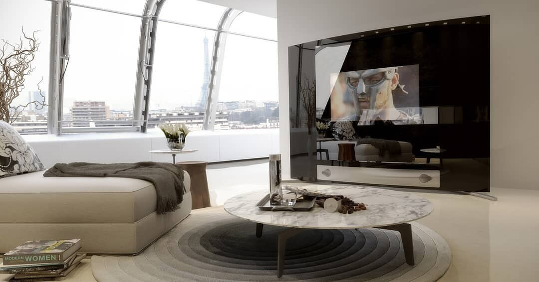 Інтегрований телевізор у нішу з декоративною штукатуркою та елементами декору