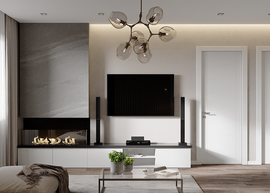 Мінімалістичний дизайн ніші під телевізор з дерев'яними елементами в інтер'єрі