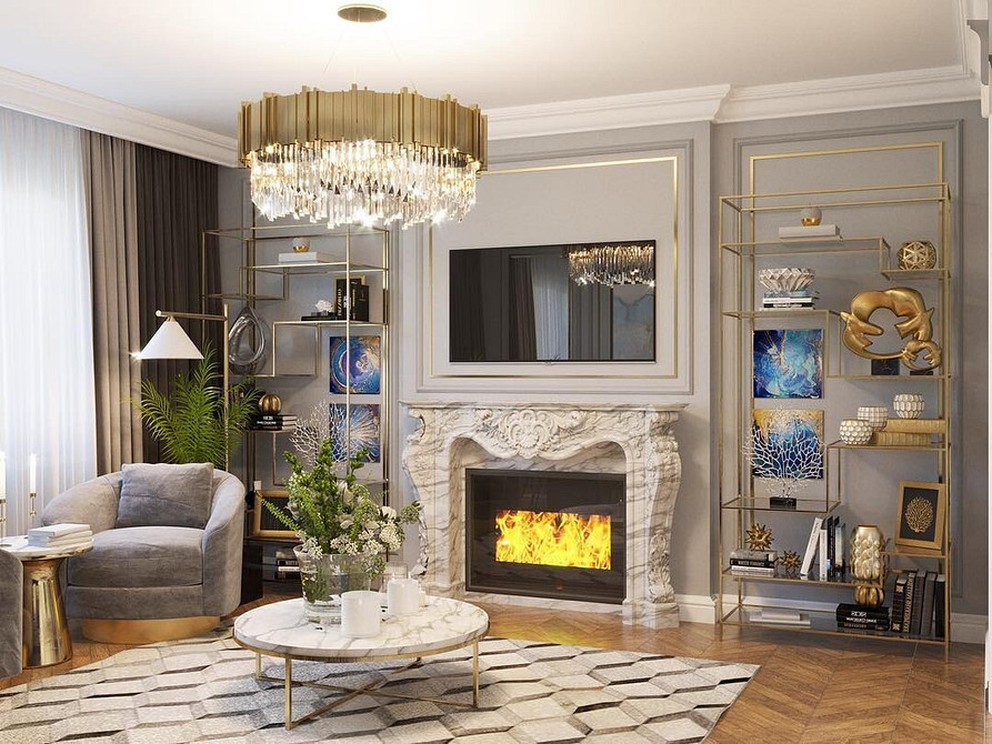 Вбудований телевізор в нішу з відкритими полицями для зберігання речей