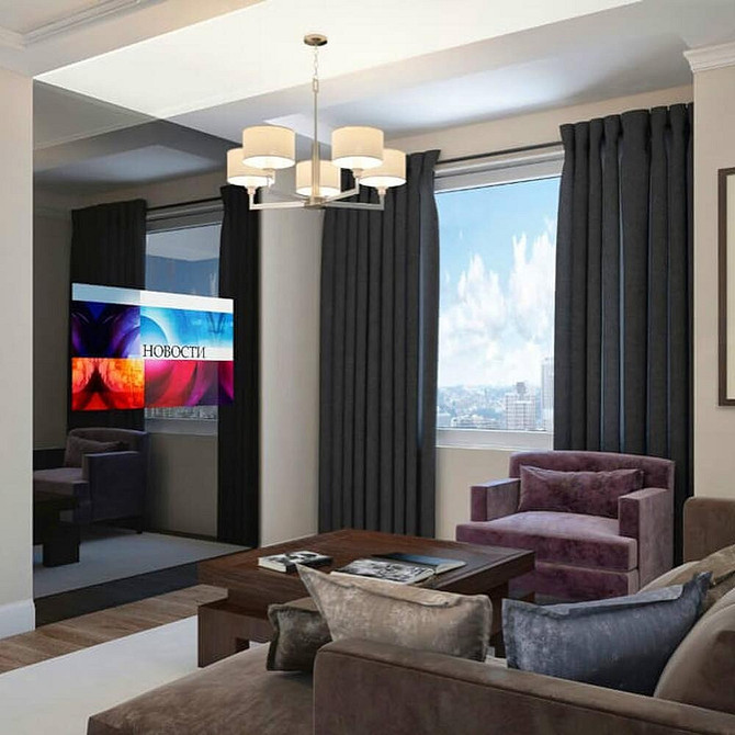 Мінімалістична ніша для телевізора з дерев'яними полицями для декору та книг