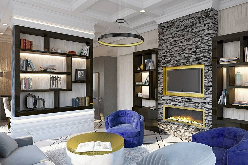 Вбудований телевізор в ніші з декоративним каменем у вітальні