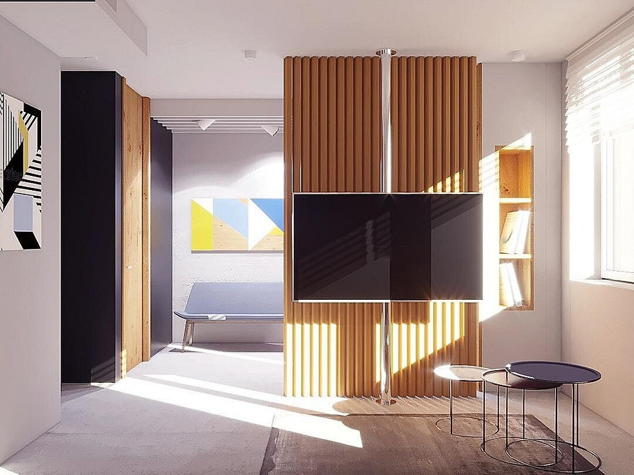 Ніша для телевізора у скандинавському стилі з простими лініями та натуральними матеріалами.