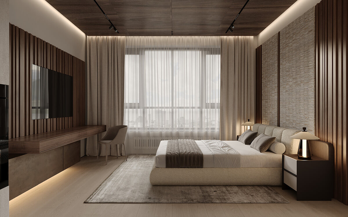 Інтер'єр квартири в Дубаї: світлі тони та панорамні вікна з видом на місто.