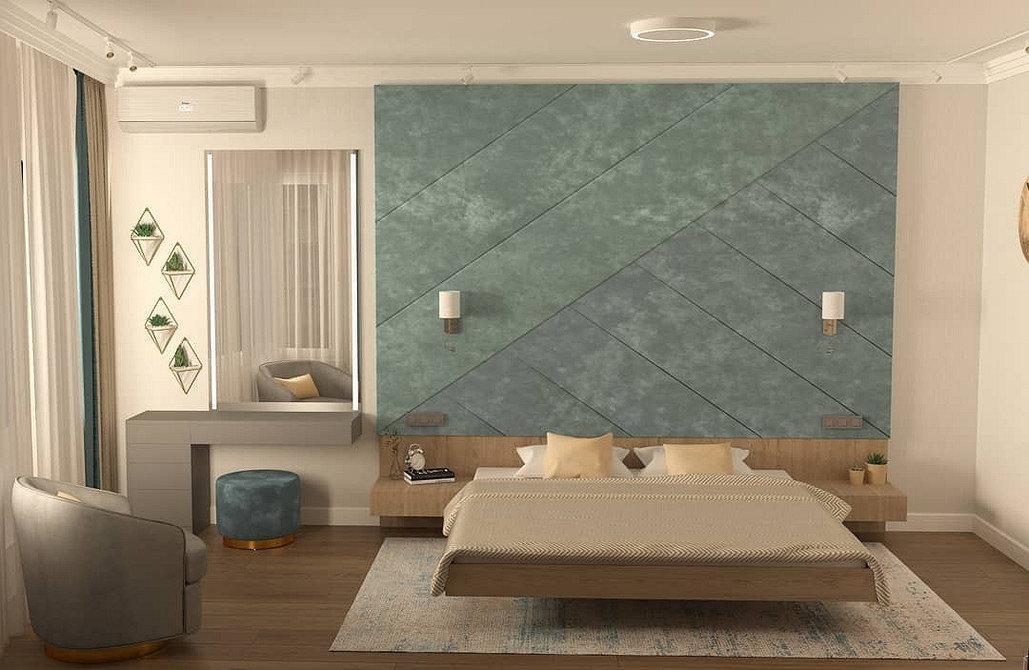 Елегантна спальня з парячим ліжком, дерев'яними панелями та м'яким килимом