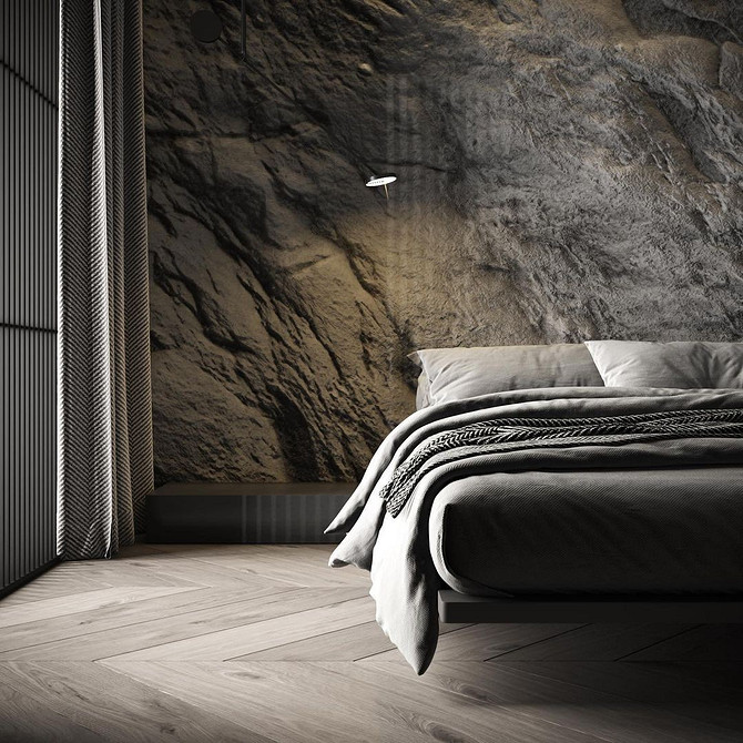 Світла спальня з великим ліжком, що літає, та панорамними вікнами