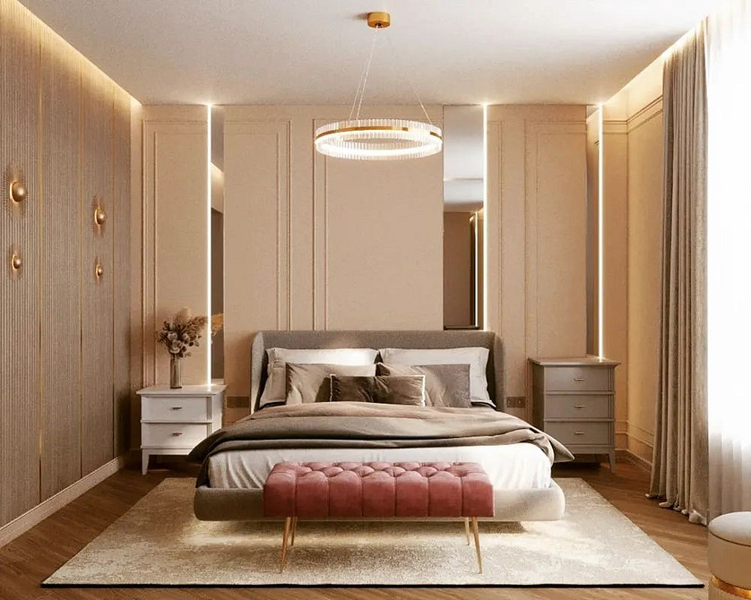 Ліжко, що літає, з дерев'яним каркасом та підсвіткою по периметру.