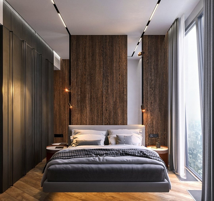 Сучасна спальня з парячим ліжком та підсвіткою, створює ефект легкості та простору.