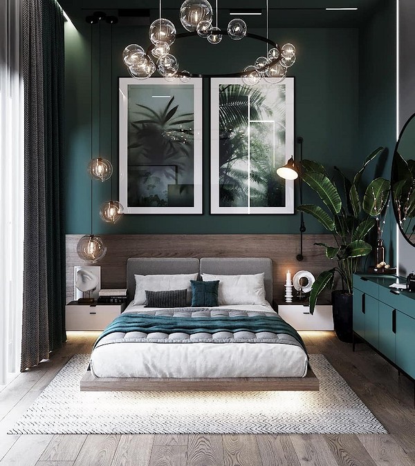 Сучасне паряче ліжко з дерев'яним узголів'ям в мінімалістичній спальні, дизайн.