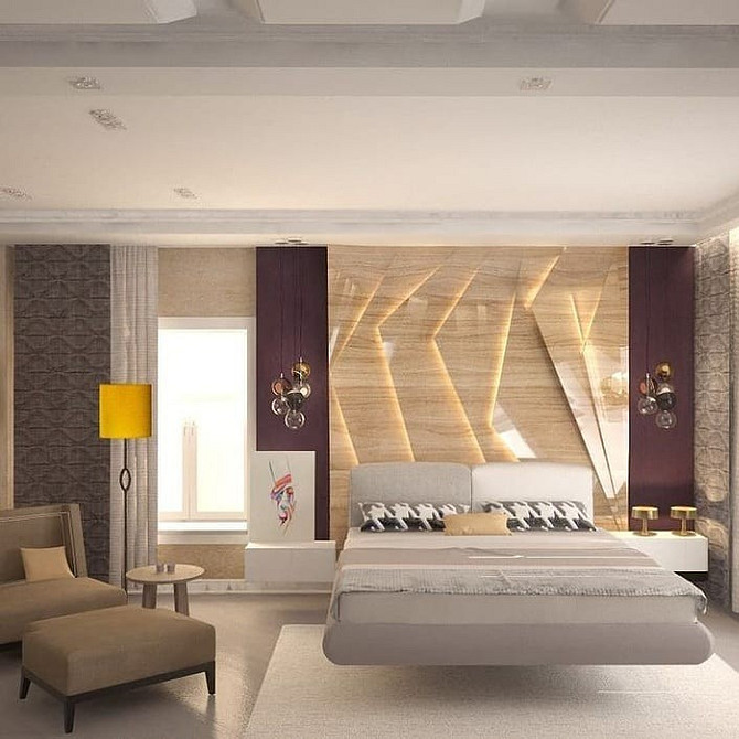 Стильне ліжко, що літає, з підсвіткою в темній спальні, створює затишок