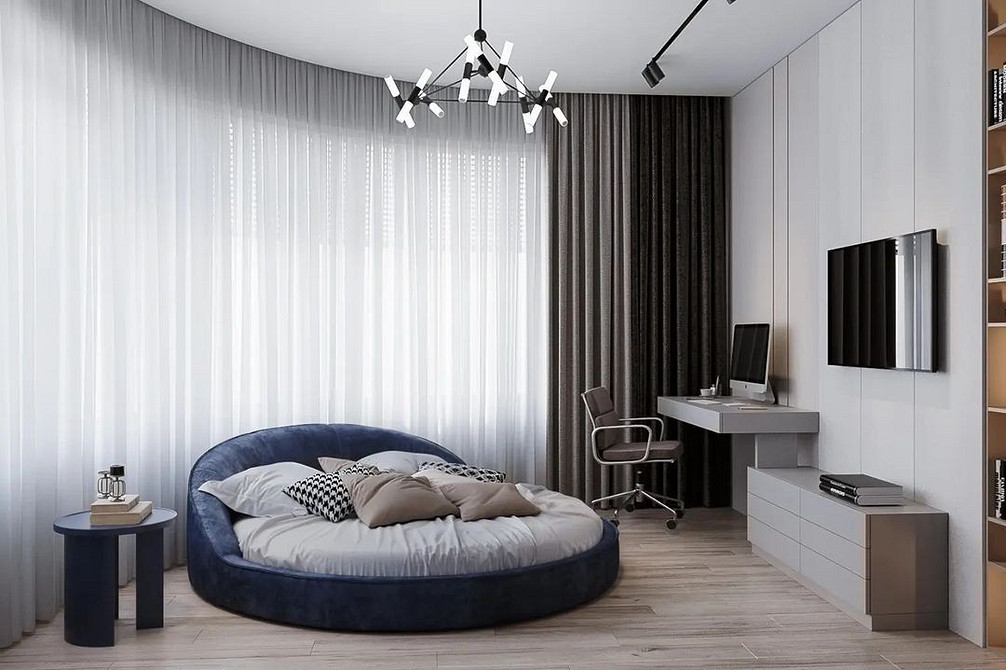 Ліжко, що літає, з підсвіткою, в інтер'єрі з акцентною стіною з цегли