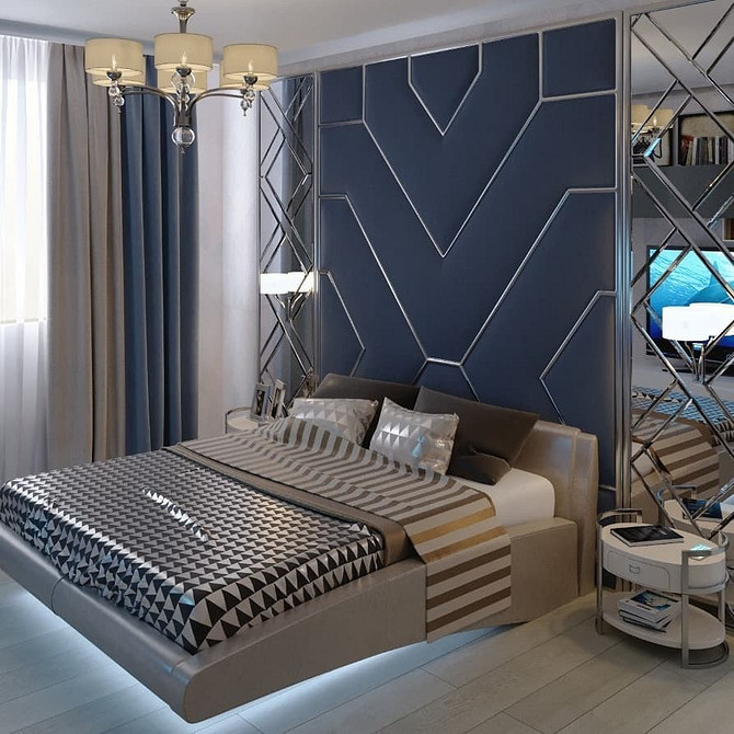 Інтер'єр спальні з парячим ліжком, що створює ілюзію легкості та простору.