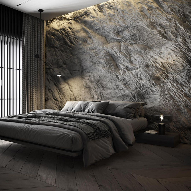 Стильна спальня з парячим ліжком та акцентною стіною, сучасний та елегантний інтер'єр.