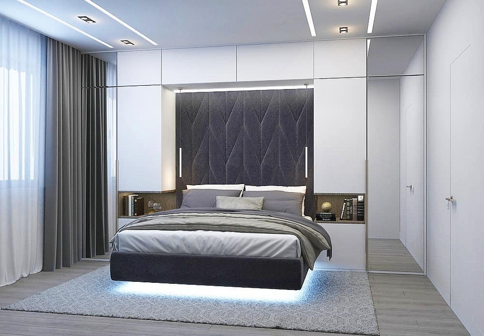 Інтер'єр спальні з ліжком, що літає, виконаним на замовлення.