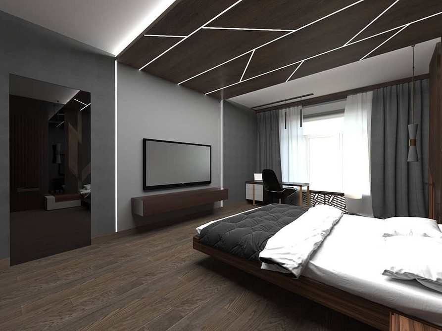 Сучасна спальня з парячим ліжком та підсвіткою, що змінює колір, динамічний дизайн.