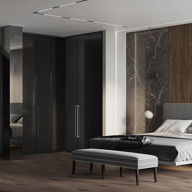 Світла спальня з парячим ліжком та мінімалістичним декором, чистота ліній та простота.