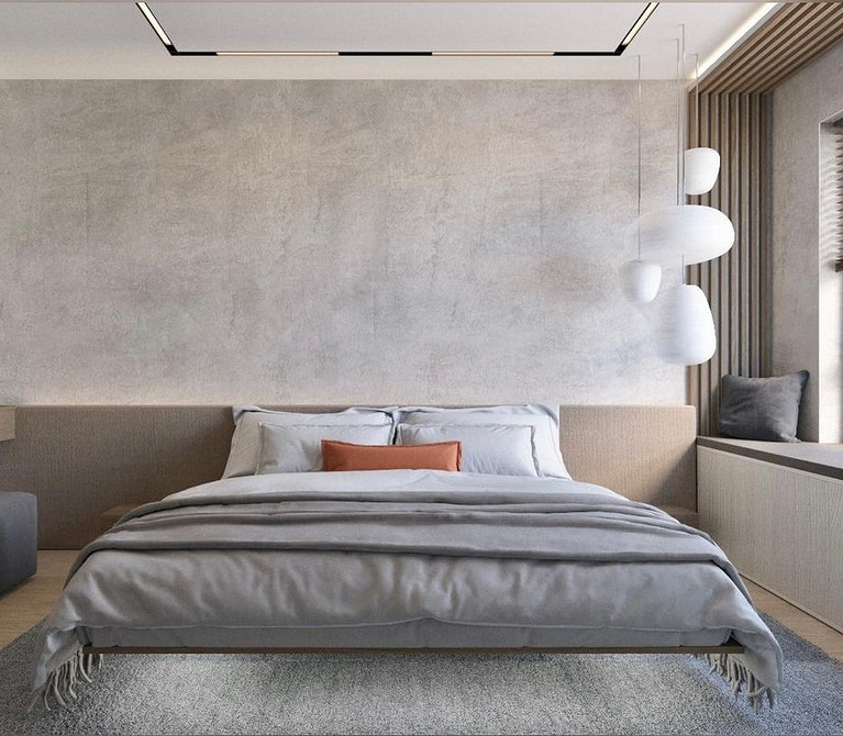 Сучасне паряче ліжко з тумбочками, вбудованими в конструкцію, стильний дизайн.