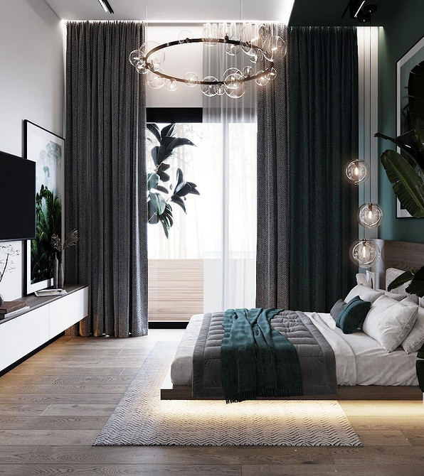 Кругле ліжко, що літає, з м'яким узголів'ям в просторій спальні