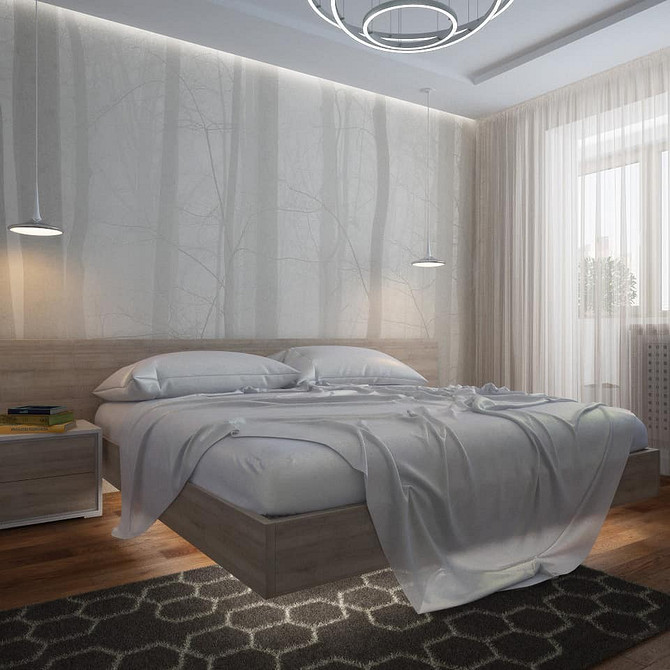 Креативна спальня з парячим ліжком та незвичайним узголів'ям, унікальний та сучасний дизайн.