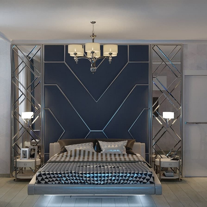 Ліжко, що літає, з незвичайною формою узголів'я в інтер'єрі сучасної спальні