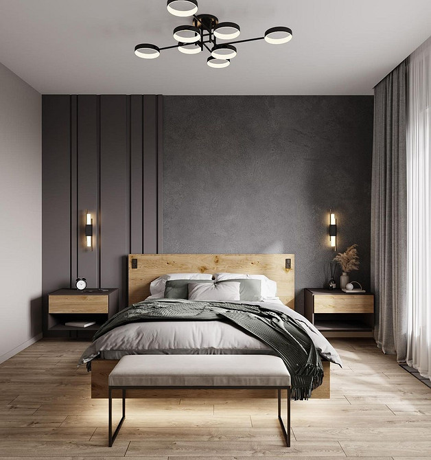 Сучасна спальня з підвісним ліжком, що підкреслює мінімалістичний дизайн та додає комфорту.