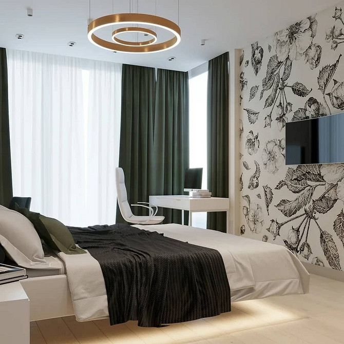 Сучасна спальня з парячим ліжком, мінімалістичним дизайном та акцентним освітленням