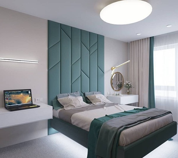 Інтер'єр спальні з двоспальним ліжком, що літає, та мінімалістичним дизайном