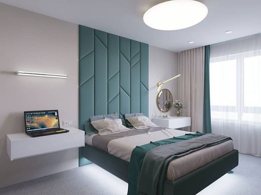 Елегантна спальня з ліжком, що літає, та м'яким узголів'ям.