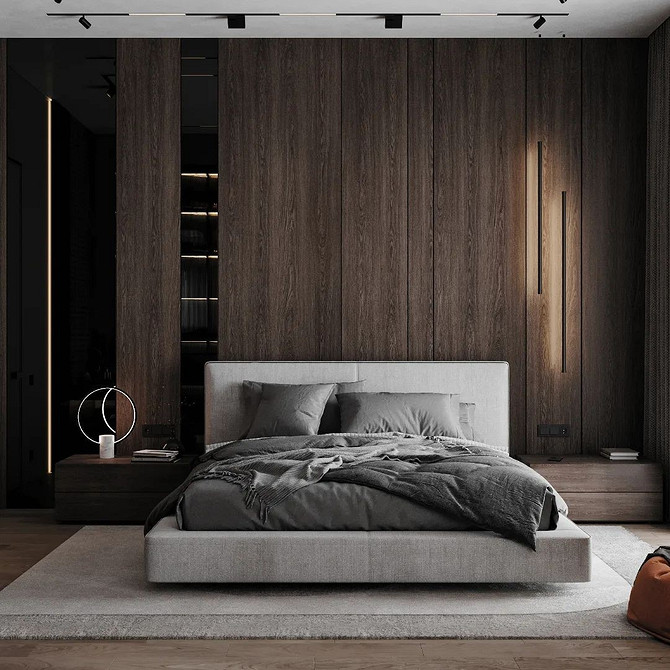 Елегантне ліжко, що літає, в мінімалістичній спальні з дерев'яними панелями на стіні