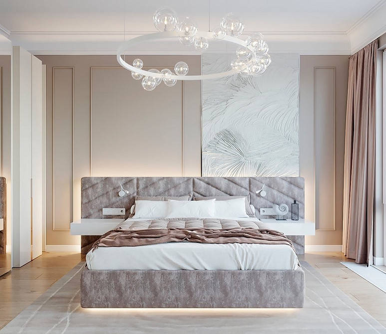 Просте ліжко, що літає, з мінімальною підсвіткою в сучасній спальні