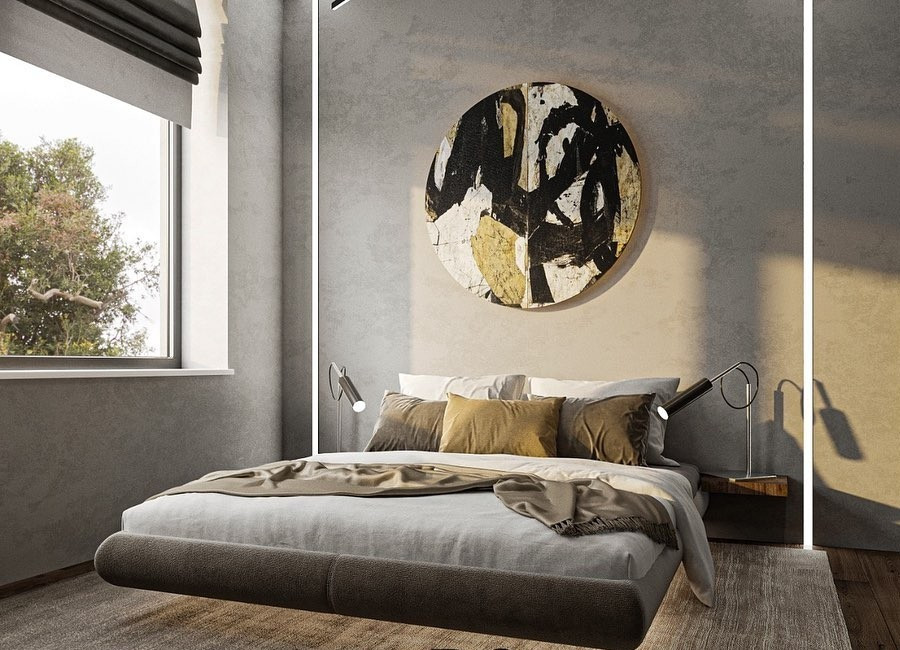 Елегантна спальня з парячим ліжком та темними акцентами, вишуканий та стильний інтер'єр.