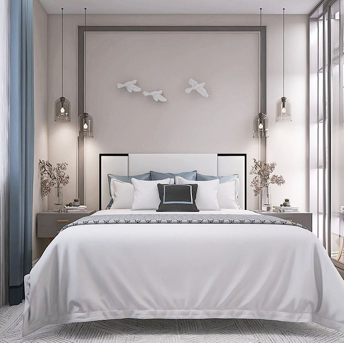 Простора спальня з великим ліжком, що літає, та панорамними вікнами.