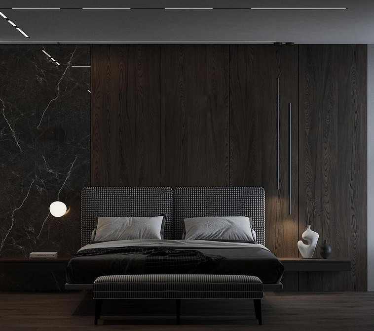 Сучасний дизайн спальні з ліжком, що літає, та дерев'яними панелями на стіні