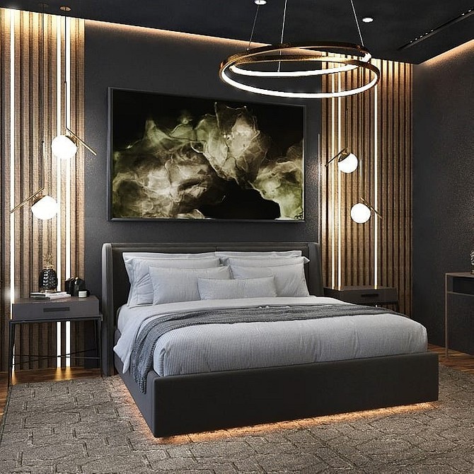 Простора спальня з великим парячим ліжком та панорамним вікном, дизайн.