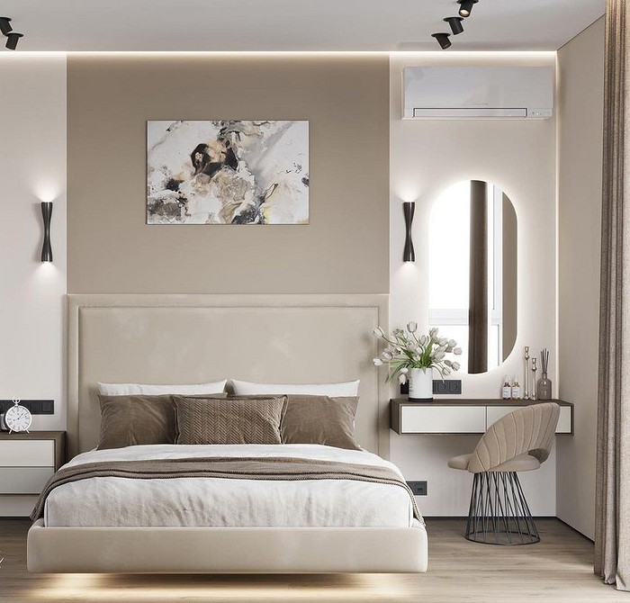 Затишна спальня з ліжком, що літає, та декоративними подушками