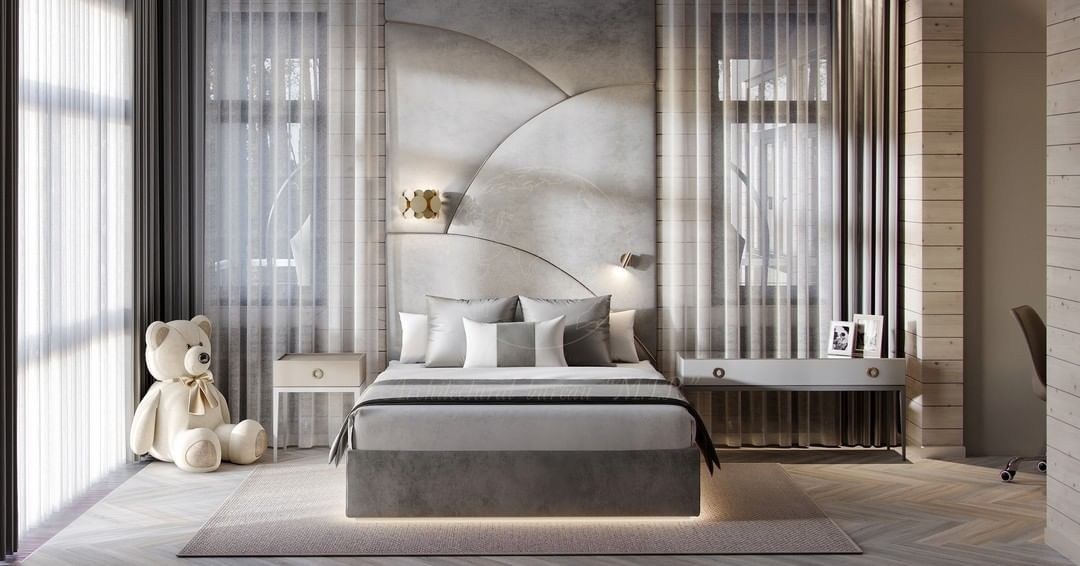 Стильне ліжко, що літає, з підсвіткою в темній спальні.