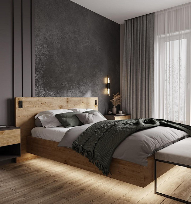 Затишна спальня з парячим ліжком та м'яким килимом, комфортний дизайн.