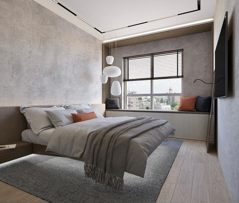 Інтер'єр спальні з ліжком, що літає, вбудованим в подіум з підсвіткою