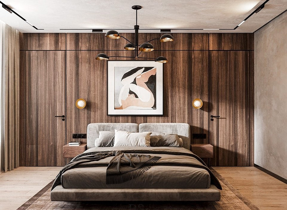 Сучасна спальня з ліжком, що літає, та підсвіткою під ним.