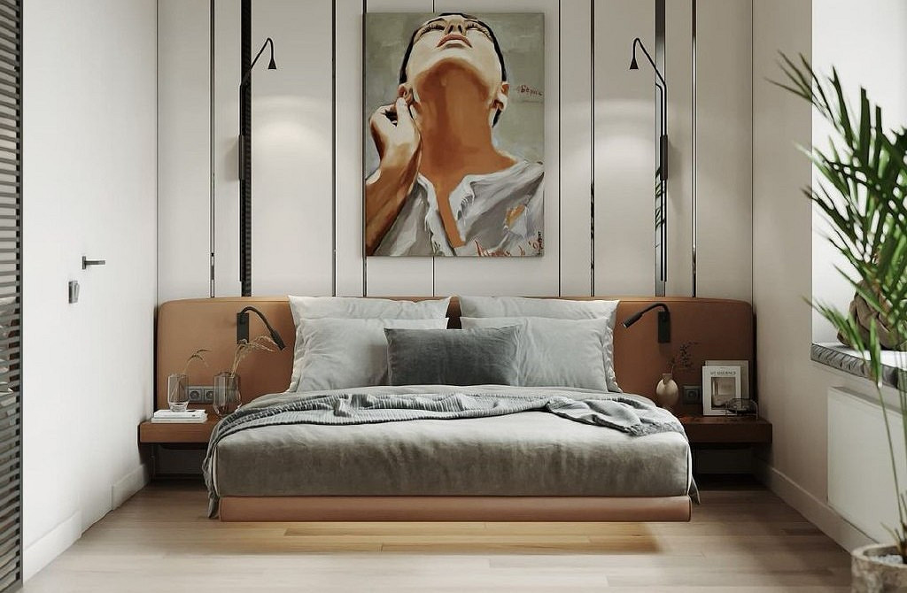 Стильна спальня з підвісним ліжком в індустріальному стилі з використанням металевих елементів.