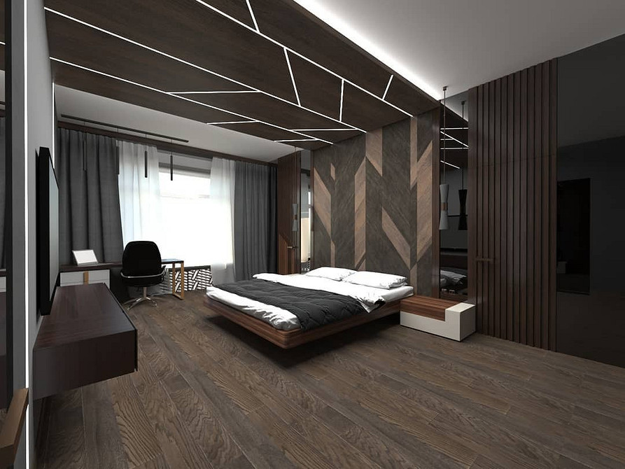 Ліжко, що літає, з неоновою підсвіткою в спальні з темними стінами