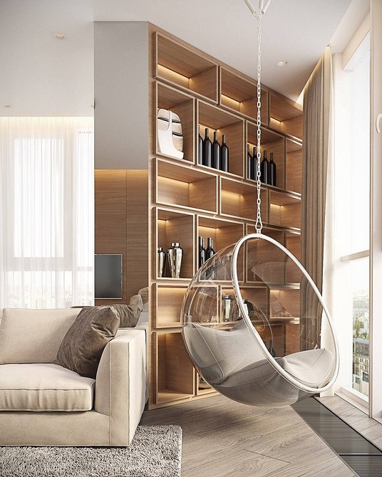 Елегантне підвісне крісло в мінімалістичному інтер'єрі для стильного релаксу.