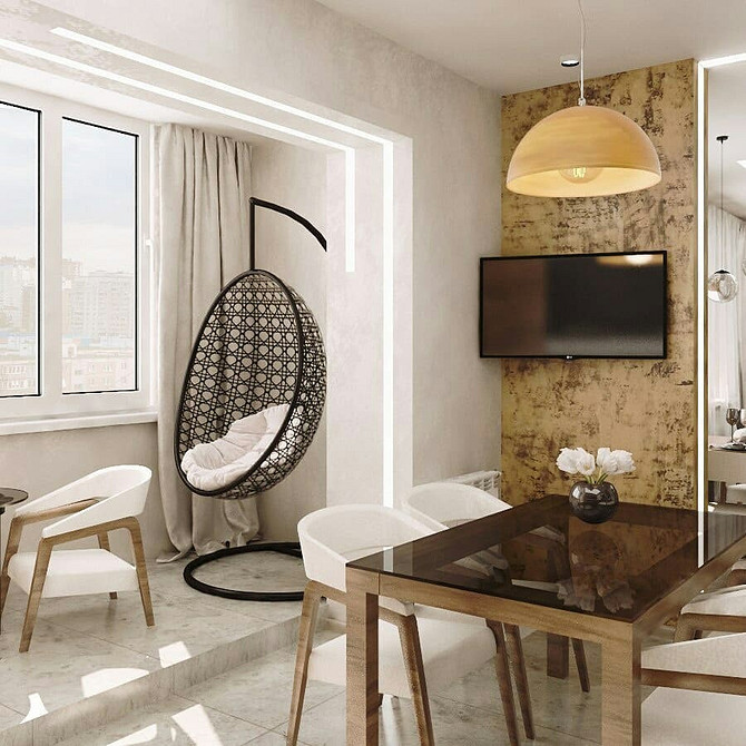Кругле підвісне крісло в скандинавському інтер'єрі, дизайн квартири